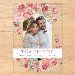 Coral Pink Roses Floral Photo Wedding Thank You Acrylic Invitations