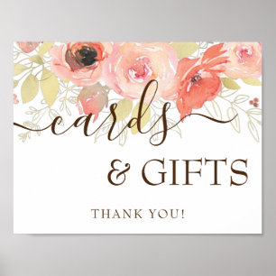 Coral Pink Roses & Gold Wedding Cards & Gifts Sign