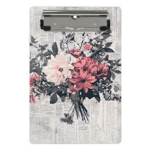 Coral Pink Roses Vintage Newspaper Botanical Art Mini Clipboard