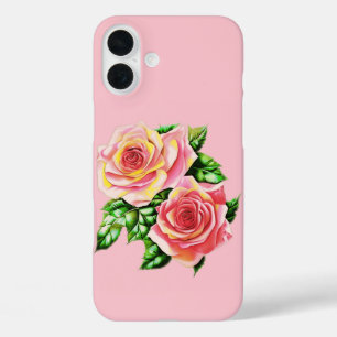 Coral Pink Roses with Jade Green Leaves iPhone 16 Plus Case