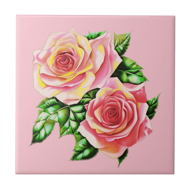 Coral Pink Roses with Jade Green Leaves Ceramic Tile (Front)