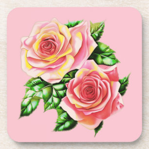 Coral Pink Roses with Jade Green Leaves Coaster