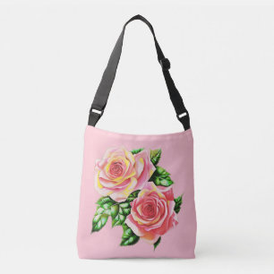 Coral Pink Roses with Jade Green Leaves Crossbody Bag