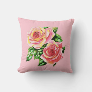 Coral Pink Roses with Jade Green Leaves Cushion