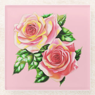 Coral Pink Roses with Jade Green Leaves Glass Coaster