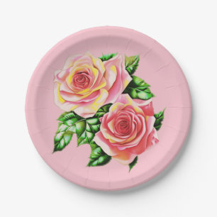 Coral Pink Roses with Jade Green Leaves Paper Plate