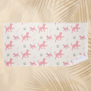 Coral Pink & Sage Green Doodle Dog Silhouette Beach Towel
