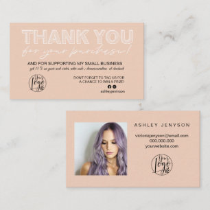 Coral pink script photo logo order thank you business card