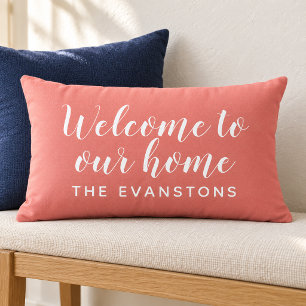 Coral Pink Script Welcome to Our Home Lumbar Cushion