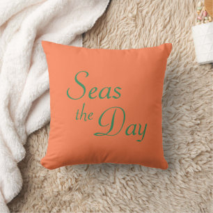 Coral pink & sea green "Seas the Day" Throw Pillow
