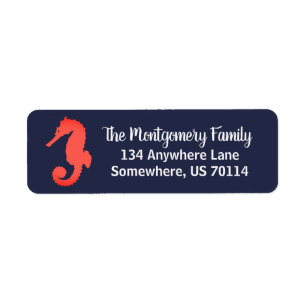 Coral Pink Seahorse Silhouette & Navy Blue Return Address Label