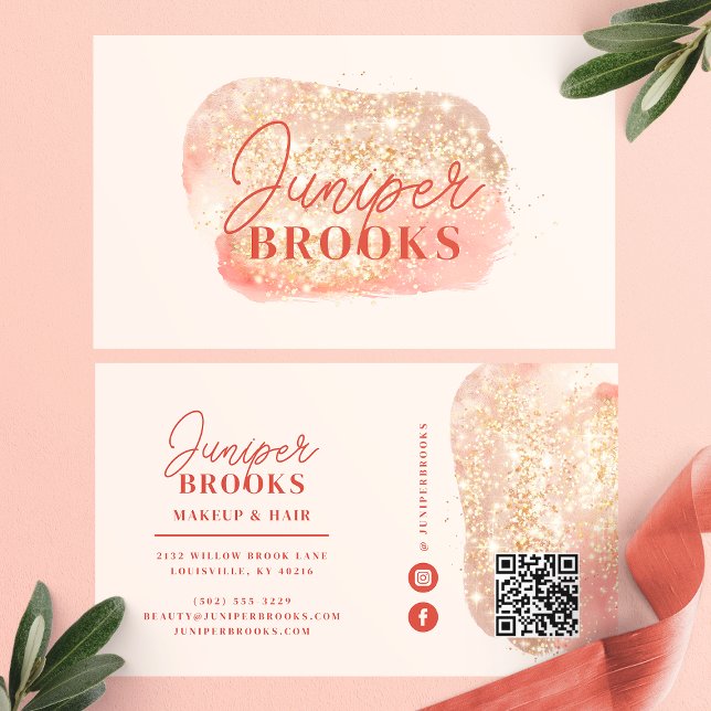 Coral Pink Social Media QR Code Gold Glitter Business Card (Creator Uploaded)