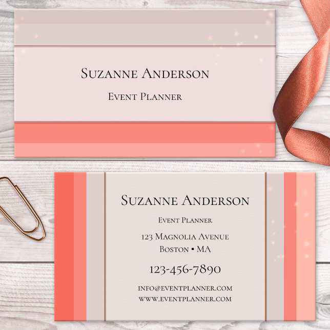 Coral Pink Sparkle Event Planner Business Card (Elegant business card featuring a modern striped design in coral and peach with light sparkles)