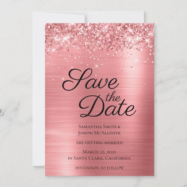 Coral Pink Sparkly Glitter and Ombre Foil Save The Date (Front)