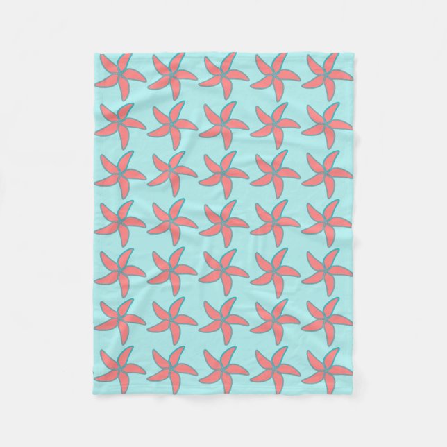 Coral Pink Starfish Light Turquoise Fleece Blanket (Front)