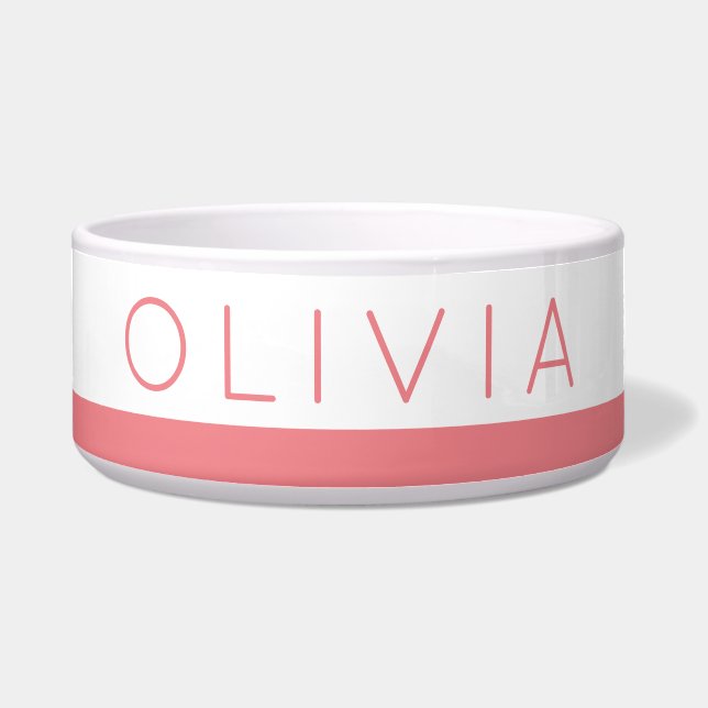 Coral Pink Stripe Personalised Name Pet Food Water (Front)