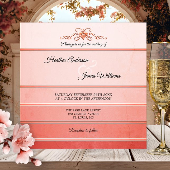 Coral Pink Striped Tone on Tone Wedding Invitation (Elegant wedding invitation featuring a watercolor painted striped design in ton sur ton coral pink)