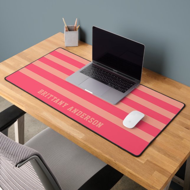Coral Pink Stripes Pattern Name Desk Mat (Office 2)