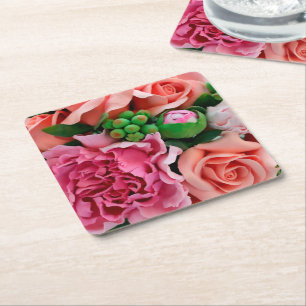 Coral & Pink Tea Rose Flowers Square Paper Coaster