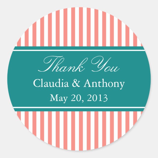 Coral Pink, Teal and White Stripes Thank You Classic Round Sticker (Front)