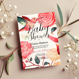 Coral pink teal hummingbird floral Baby Shower Invitation