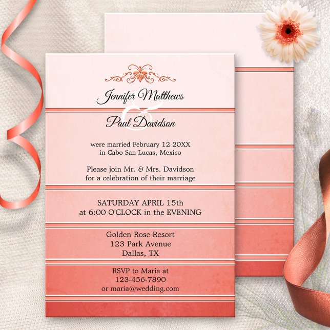 Coral Pink Tonne sur Tonne Striped Post Wedding Invitation (Creator Uploaded)