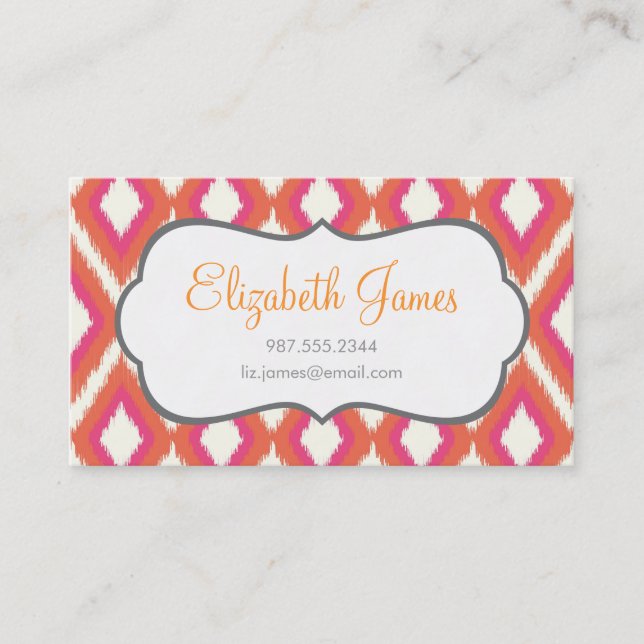Coral & Pink Tribal Ikat Chevron Business Card (Front)