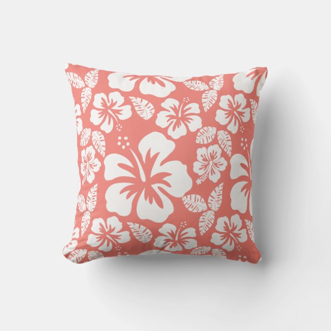 Coral Pink Tropical Hibiscus Cushion (Front)