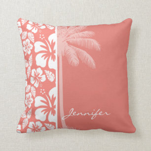 Coral Pink Tropical Hibiscus; Summer Palm Cushion