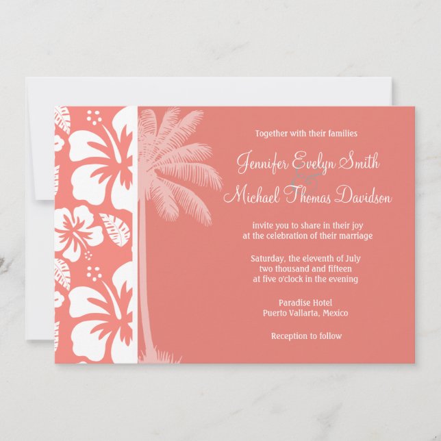 Coral Pink Tropical Hibiscus; Summer Palm Invitation (Front)