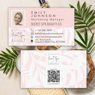Coral Pink Tropical Leaf Beauty & Spa Photo QR Business Card