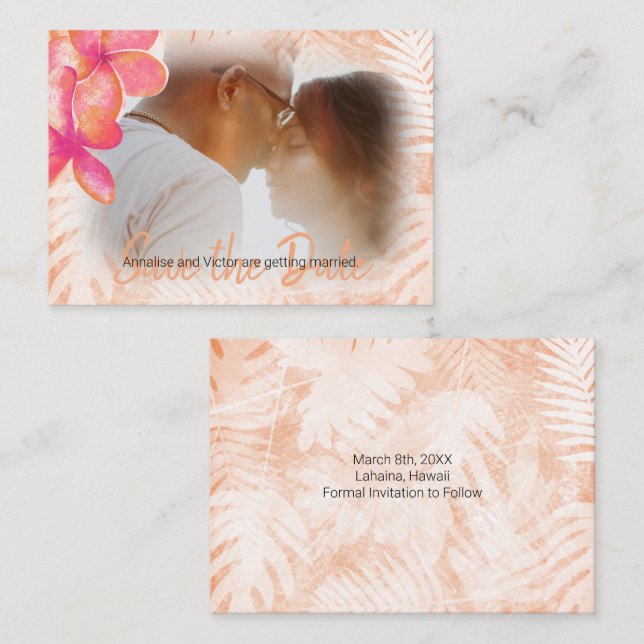 Coral Pink Tropical Plumeria Save-the-Date Card (Front/Back)