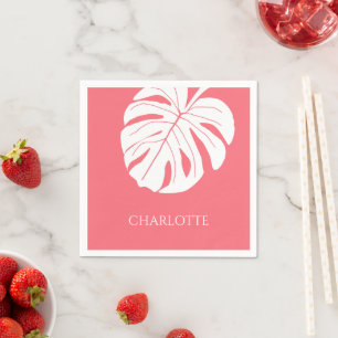 Coral Pink  Tropical Summer Palm Leaf Custom Name  Napkin