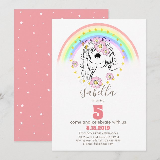 Coral Pink Unicorn RainBow Girl Birthday Cards (Front/Back)