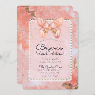 Coral Pink Vintage Butterfly Rose Sweet 16 Party Invitation