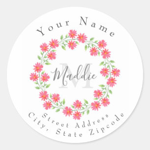 Coral Pink Watercolor Daisies Wreath labels