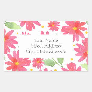 Coral Pink Watercolor Daisy Pattern 2 Rectangular Sticker