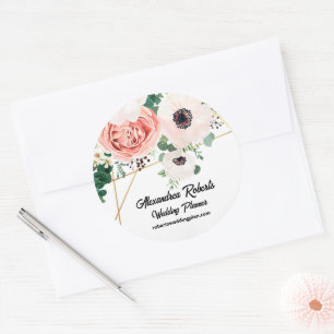 Coral Pink Watercolor Floral Wedding Custom Classic Round Sticker