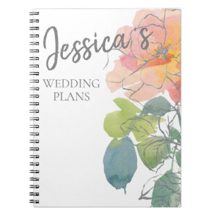 Coral Pink Watercolor Floral Wedding Plans Notebook