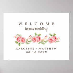 Coral Pink Watercolor Floral Wedding Welcome Sign