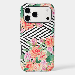 Coral pink watercolor roses black white stripes