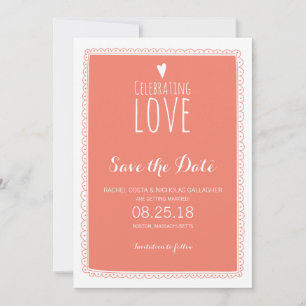 Coral Pink Whimsical Doodle Frame Save the Date Invitation