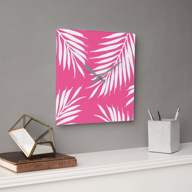 Coral Pink, White Acrylic Palm Leaves  Square Wall Clock (Office)