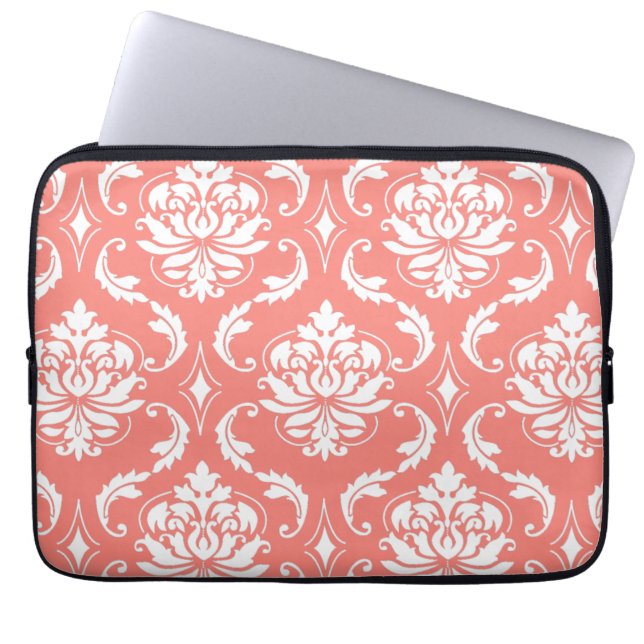 Coral Pink White Classic Damask Pattern Laptop Sleeve (Front)