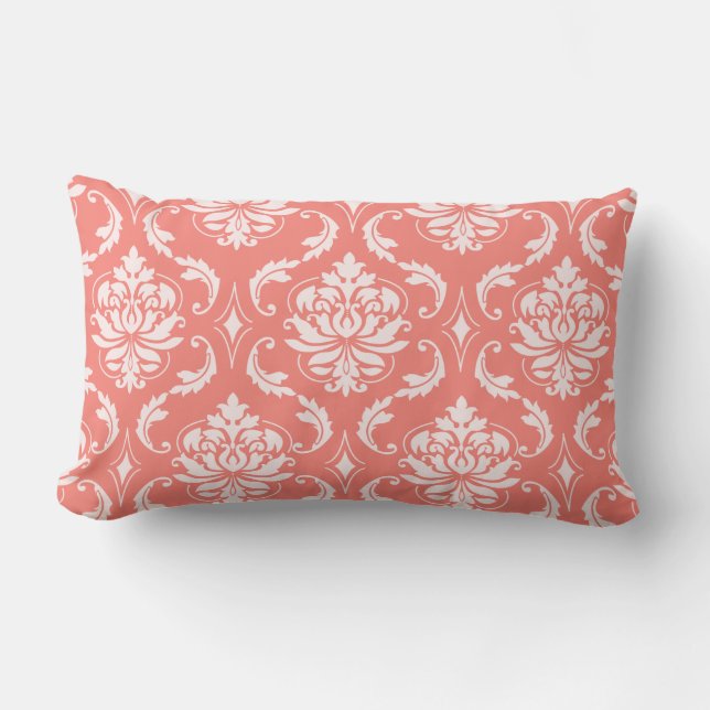 Coral Pink White Classic Damask Pattern Lumbar Cushion (Front)