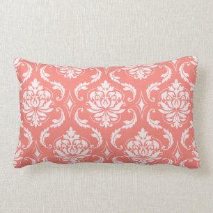Coral Pink White Classic Damask Pattern Lumbar Cushion
