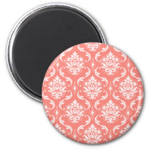 Coral Pink White Classic Damask Pattern Magnet