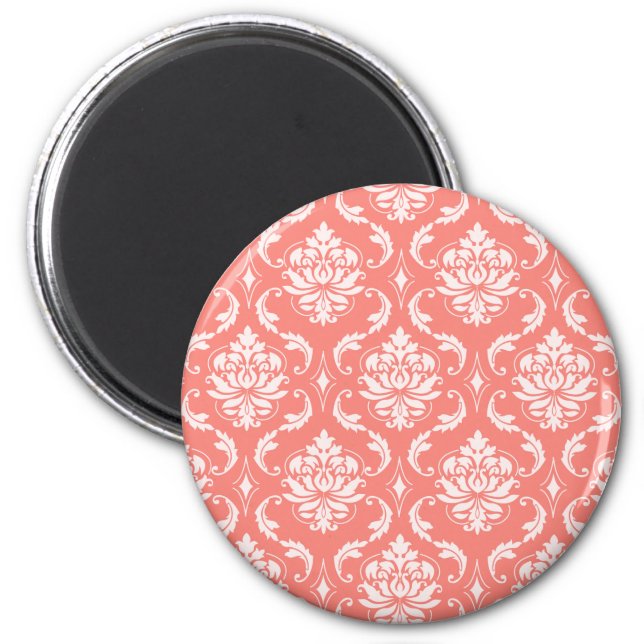 Coral Pink White Classic Damask Pattern Magnet (Front)