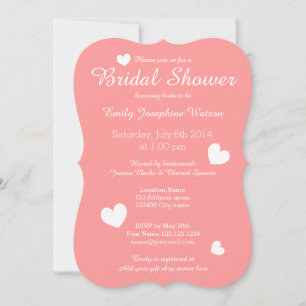 Coral pink & white heart bridal shower invitations