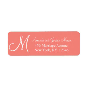 Coral Pink White Monogrammed Wedding Address Label Return Address Label